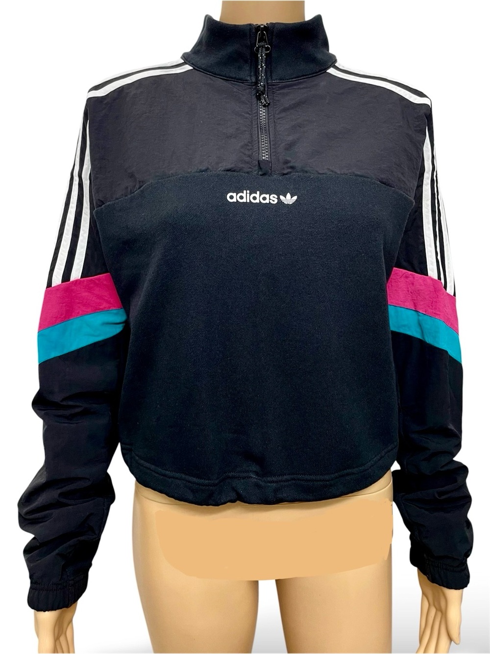 adidas Originals Half-Zip Crop Track Jacket Black Cropped Active Top size L - Picture 3 of 13